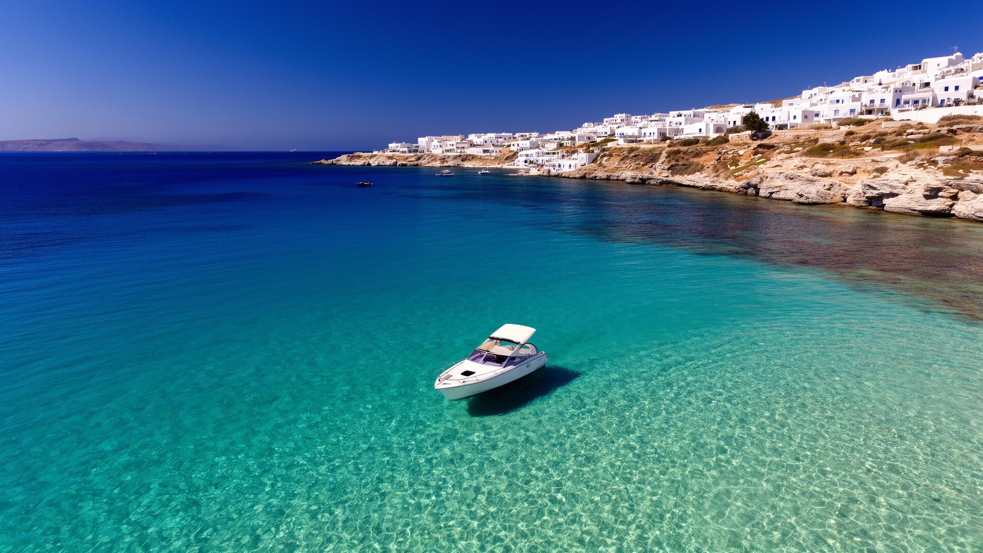 Speedboat on turquoise Aegean water near Paros, Greece